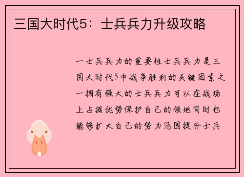 三国大时代5：士兵兵力升级攻略