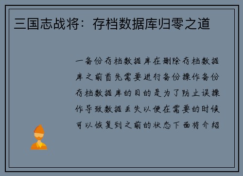 三国志战将：存档数据库归零之道