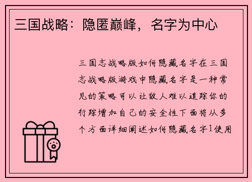 三国战略：隐匿巅峰，名字为中心